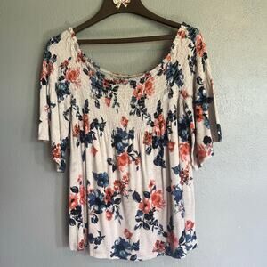 Cream Blue Pink Size XL Rewind Y2K Smocked Off The Shoulder Floral Print Top